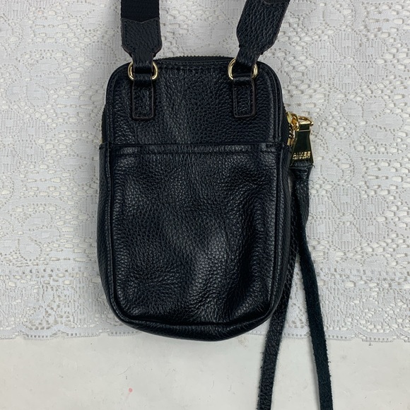 Aimee Kestenberg Black Leather Crossbody Bag Gold Zip & logo Camo Lined Tassel - Picture 2 of 13